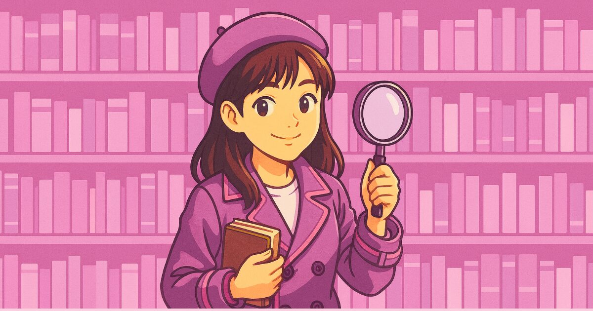 英語学習の多読・多聴ガイドー本棚と女性探偵イラスト（English Clues Lab）