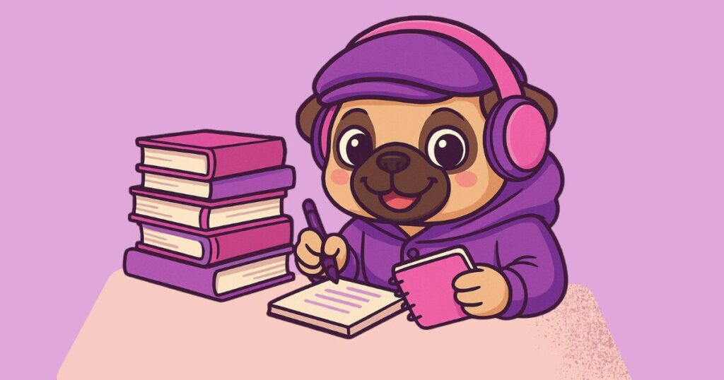 多読・多聴の学習をするパグのキャラクター:ヘッドホンとメモ帳と積読の本